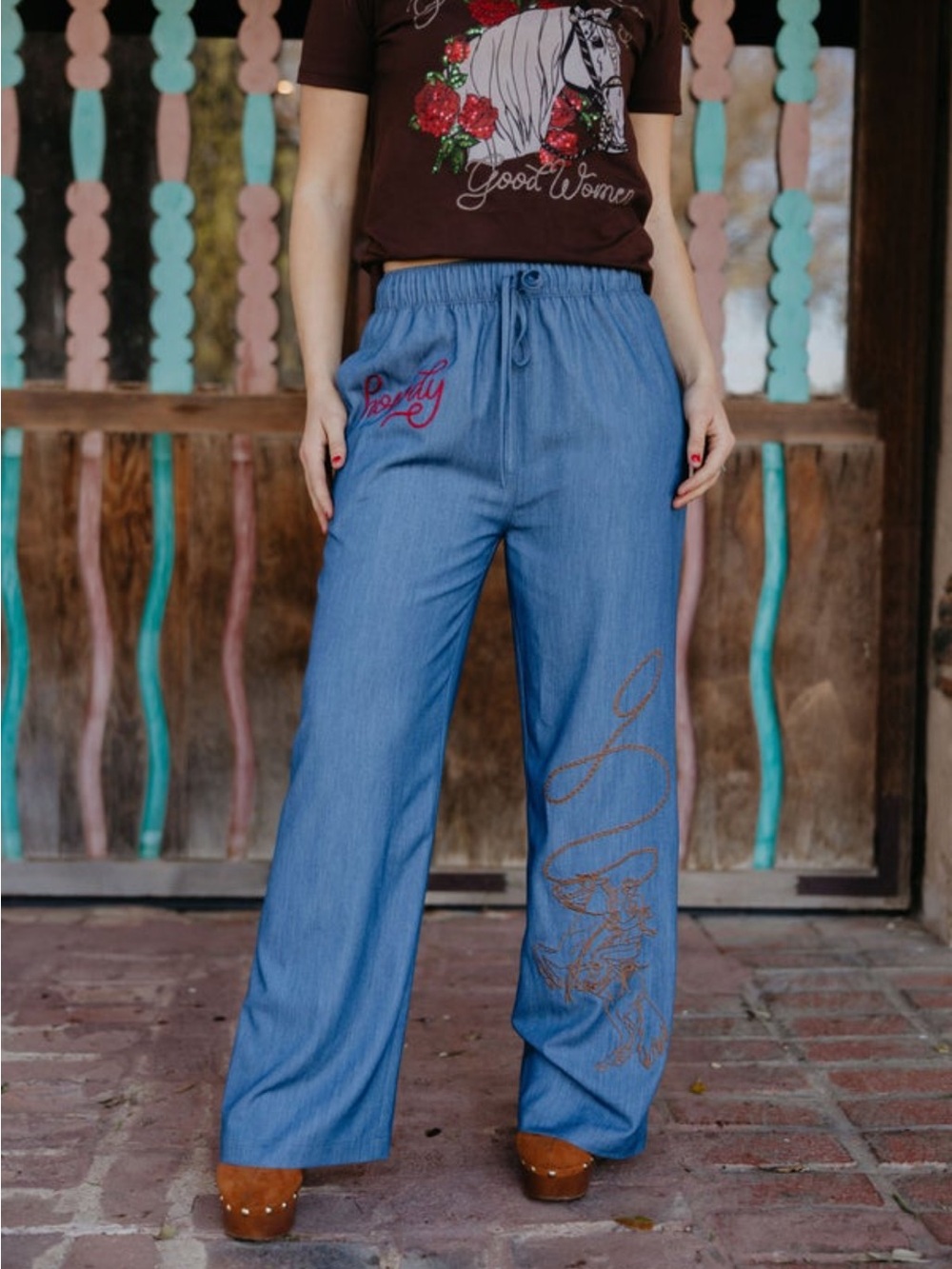 Women’s Blue Embroidered Wide-Leg Pants